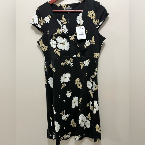 Toad&Co | AMELIA SHORT SLEEVE DRESS BLACK FLOWER PRINT women’s L - Picture 1 of 12